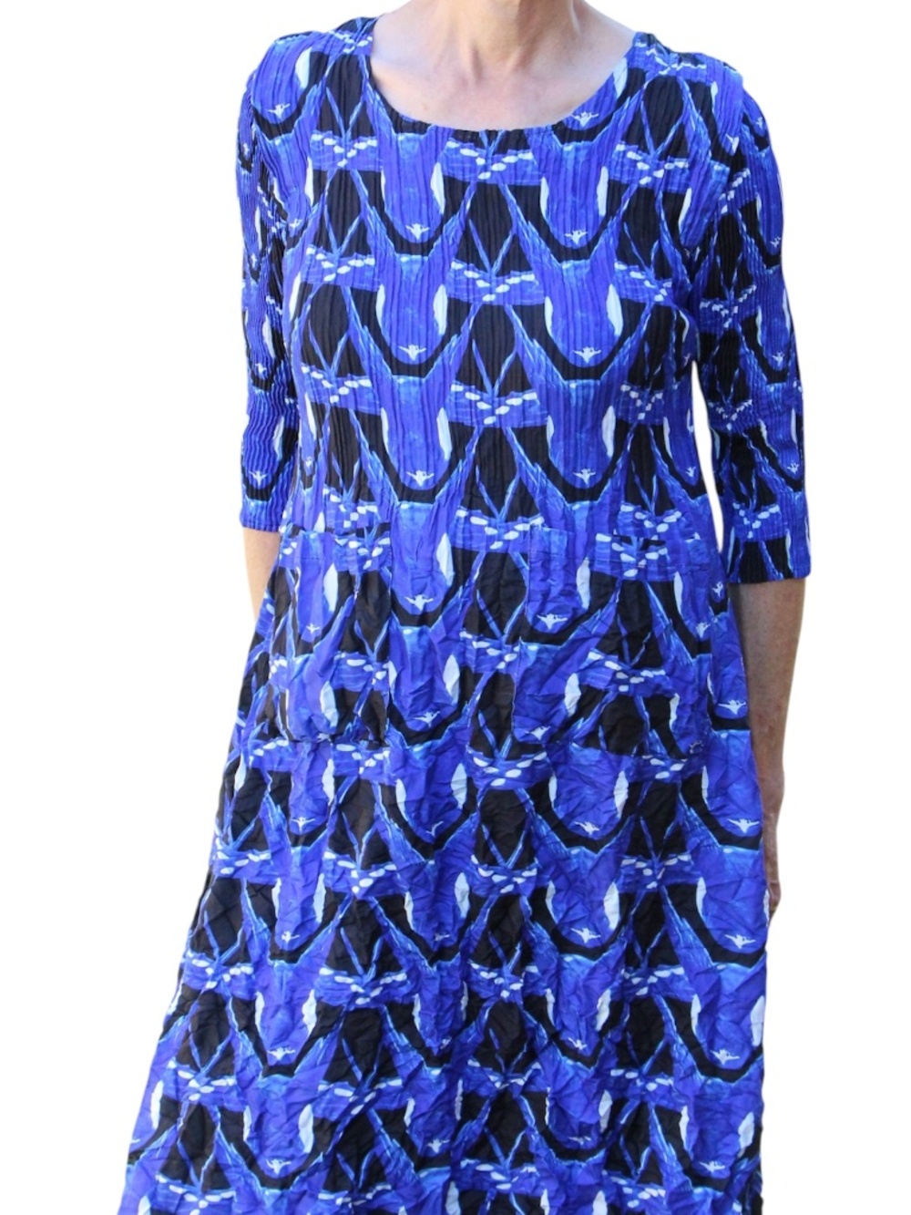 Alquema Crinkle Pleat Smash Pocket Dress Size 6-8 Blue White Black